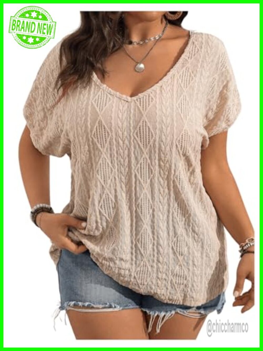 Women's Plus Size Boho Blouse Crochet Lace V-Neck Short Sleeve Summer Top